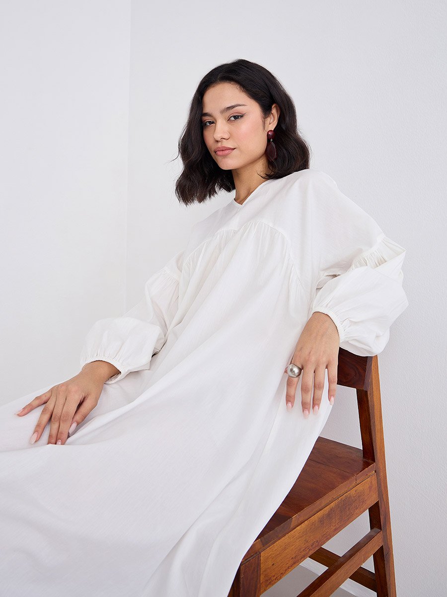 White Cotton Poplin Midi Dress with Volume Sleeves