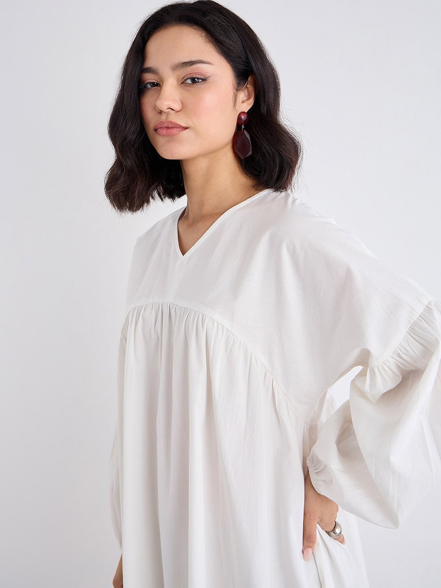 White Cotton Poplin Midi Dress with Volume Sleeves