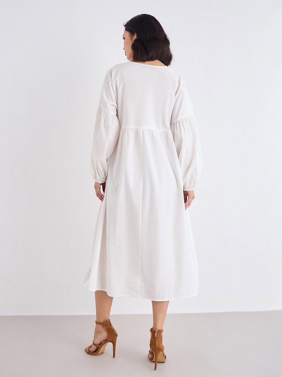 White Cotton Poplin Midi Dress with Volume Sleeves