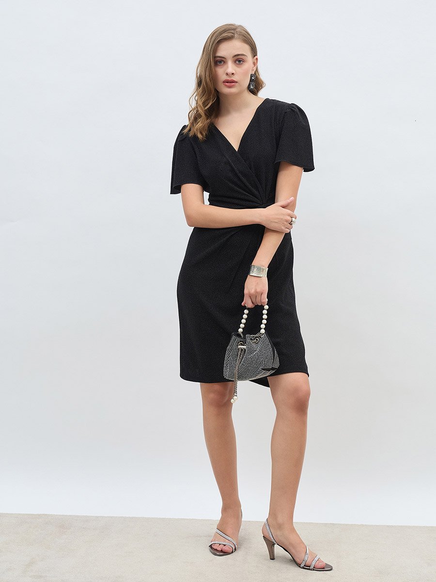 Women Black Shimmer Twist Front Sheath Knee Length Dress with Flared Sleeves For Women at Bahrain | Styli Women Black Shimmer Twist Front Sheath Knee Length Dress with Flared Sleeves For Women at Bahrain | Styli