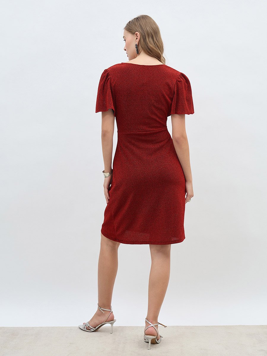 Women Red Shimmer Twist Front Sheath Knee Length Dress with Flared Sleeves  For Women at Kuwait | Styli