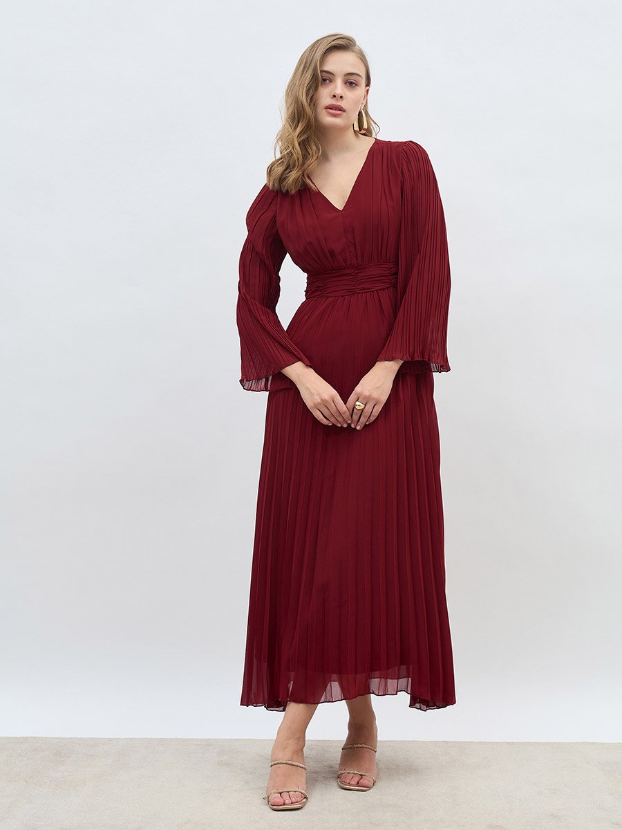 Women Red Solid V Neck Pleated A-line Maxi Dress