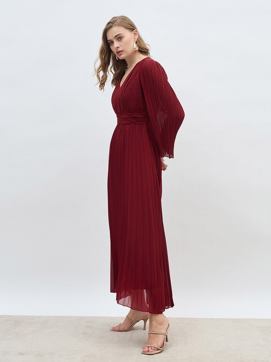 Women Red Solid V Neck Pleated A-line Maxi Dress