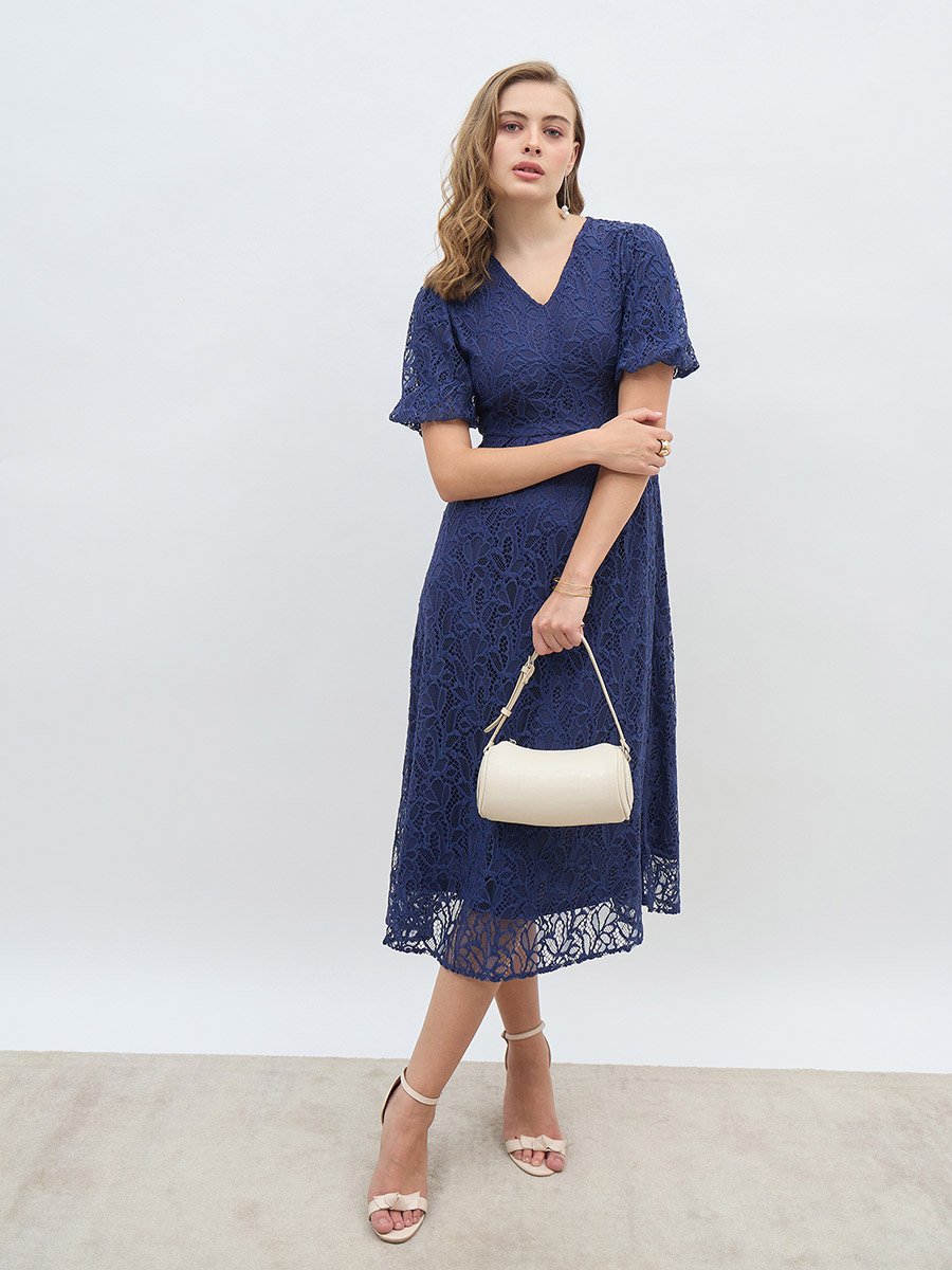 Solid Lace Balloon Sleeves A-Line Midi Dress