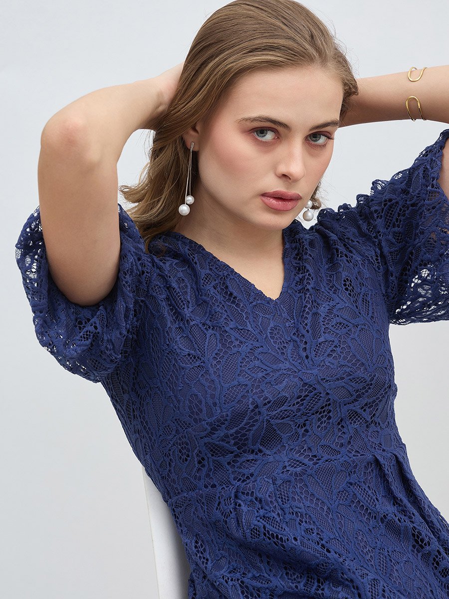 Solid Lace Balloon Sleeves A-Line Midi Dress