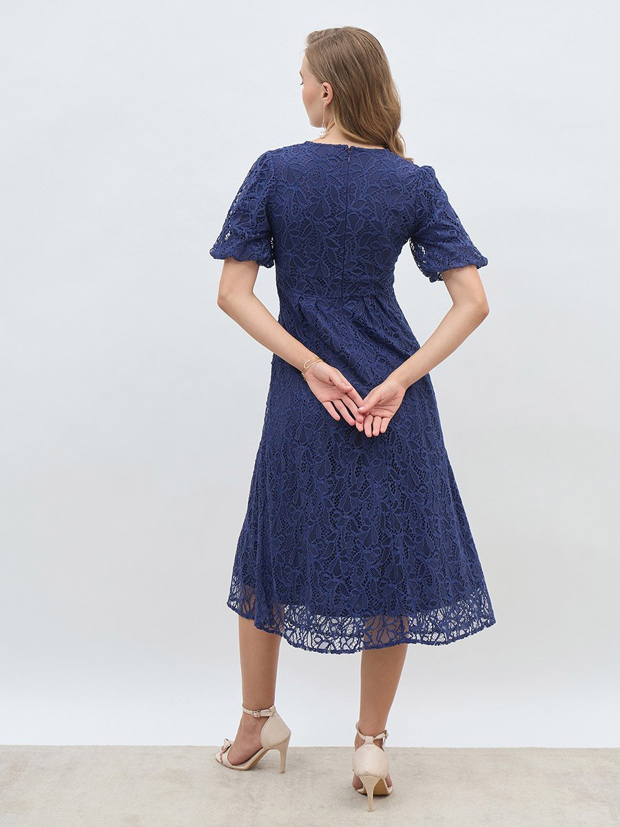 Solid Lace Balloon Sleeves A-Line Midi Dress