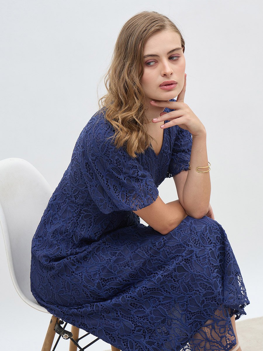Solid Lace Balloon Sleeves A-Line Midi Dress