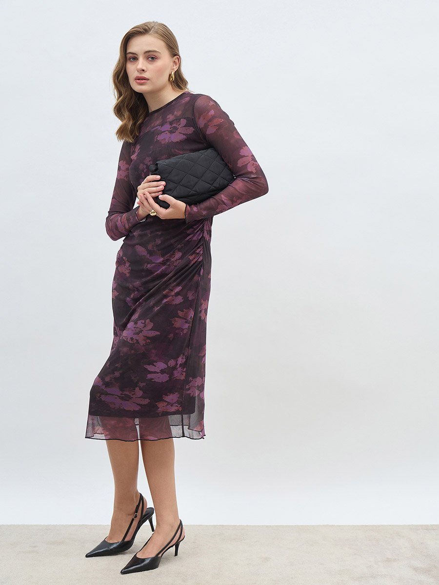 All-Over Print Ruched Mesh Sheath Midi Dress 