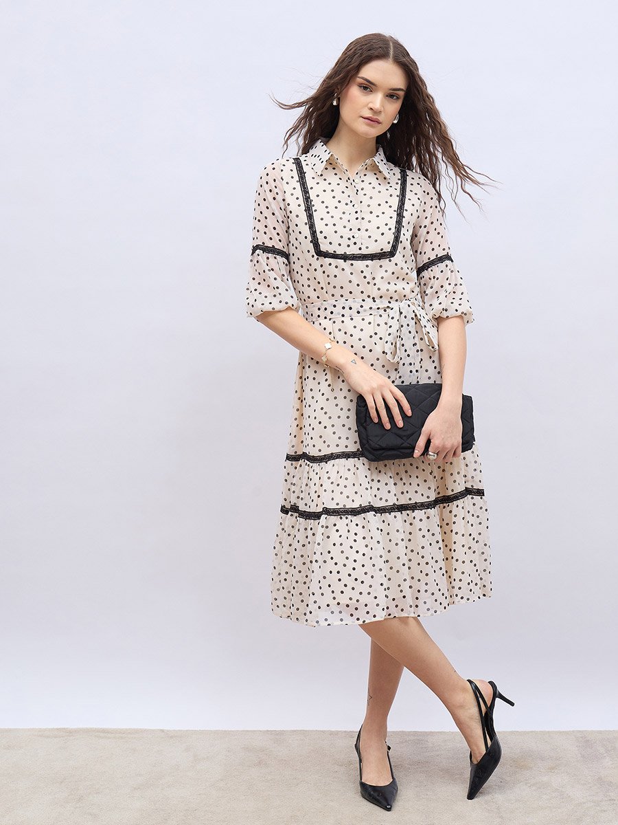 Polka Dot Print Collared A-Line Midi Dress with Lace Detail