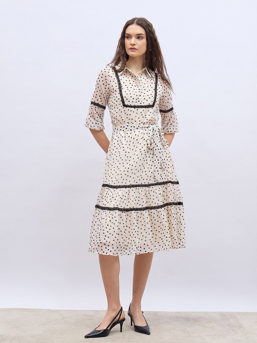 Polka Dot Print Collared A-Line Midi Dress with Lace Detail