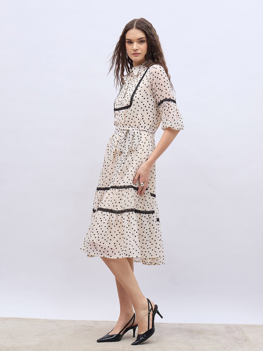 Polka Dot Print Collared A-Line Midi Dress with Lace Detail