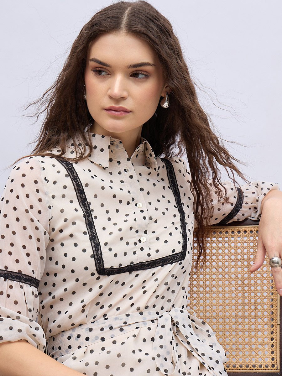 Polka Dot Print Collared A-Line Midi Dress with Lace Detail