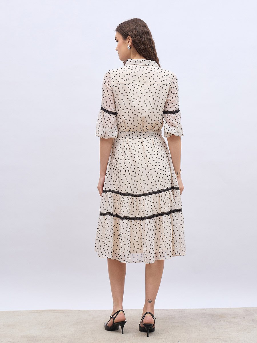 Polka Dot Print Collared A-Line Midi Dress with Lace Detail