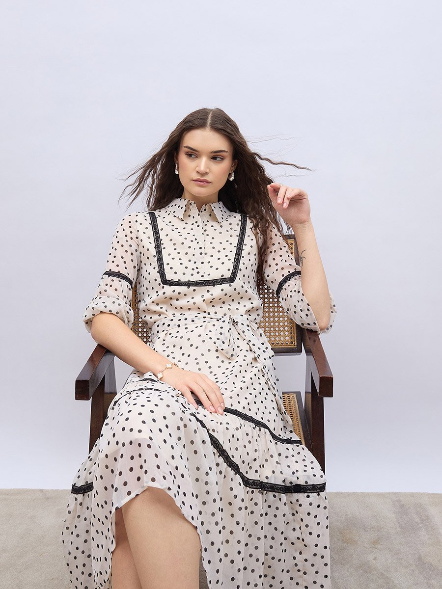 Polka Dot Print Collared A-Line Midi Dress with Lace Detail