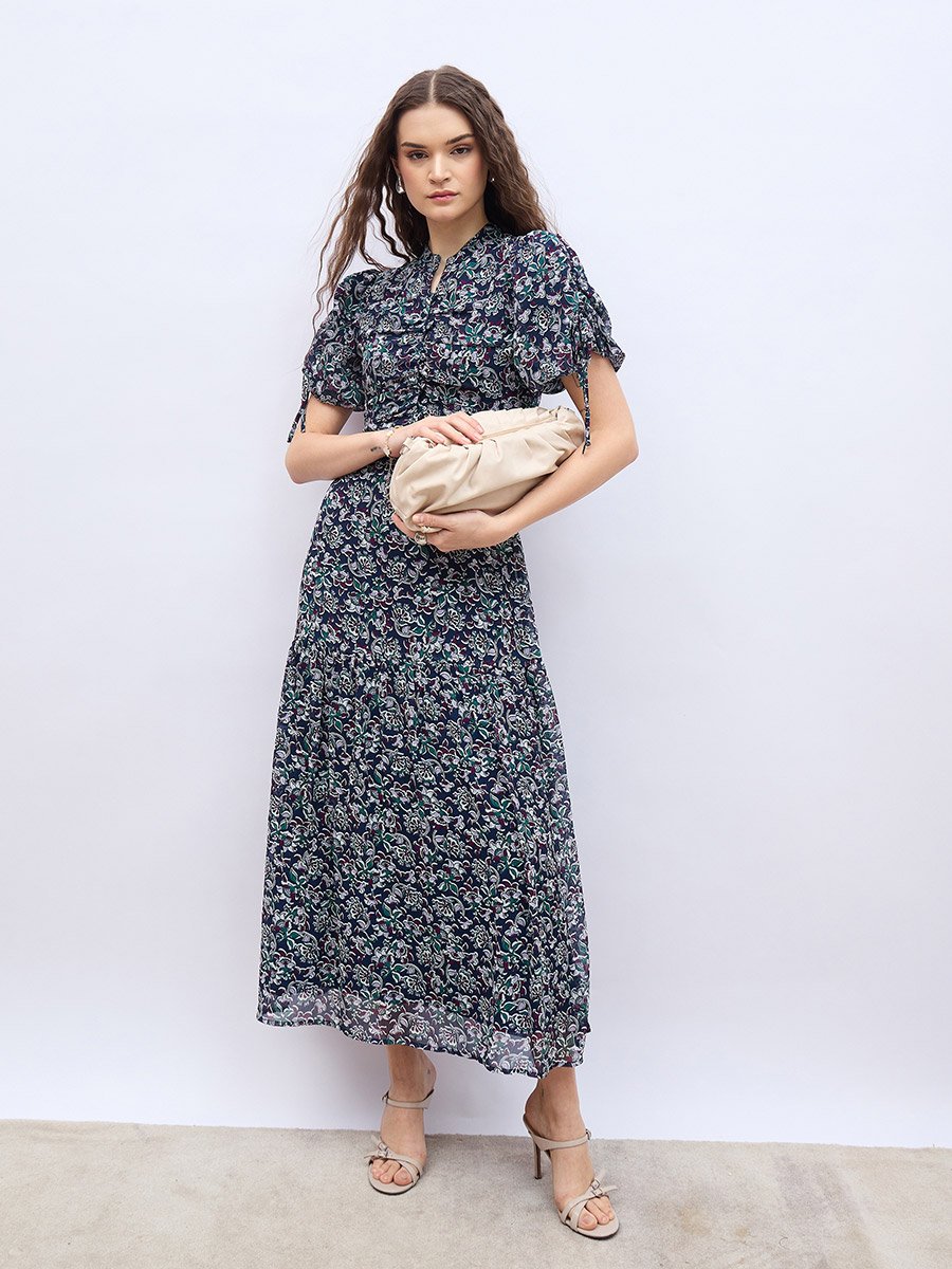 All-Over Floral Print Balloon Sleeves A-Line Maxi Dress with Ruched Detail
