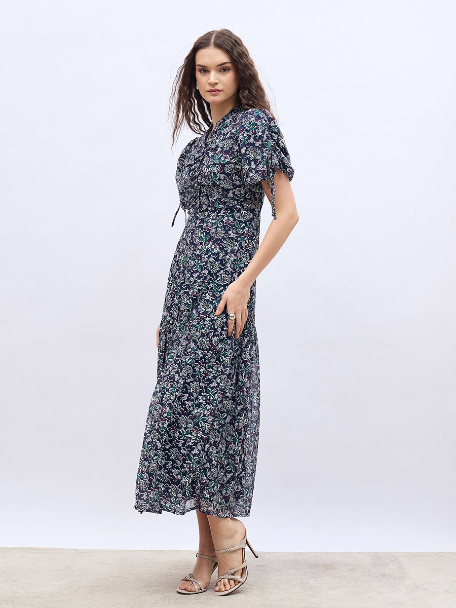 All-Over Floral Print Balloon Sleeves A-Line Maxi Dress with Ruched Detail