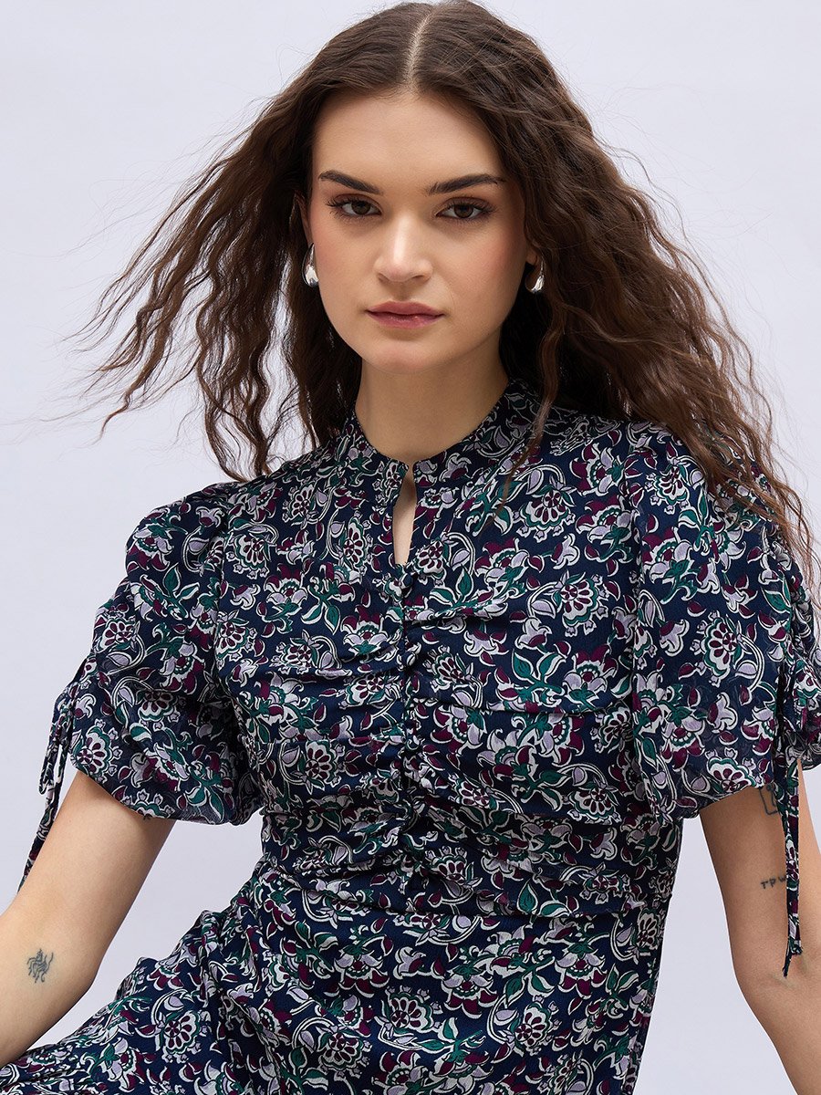 All-Over Floral Print Balloon Sleeves A-Line Maxi Dress with Ruched Detail