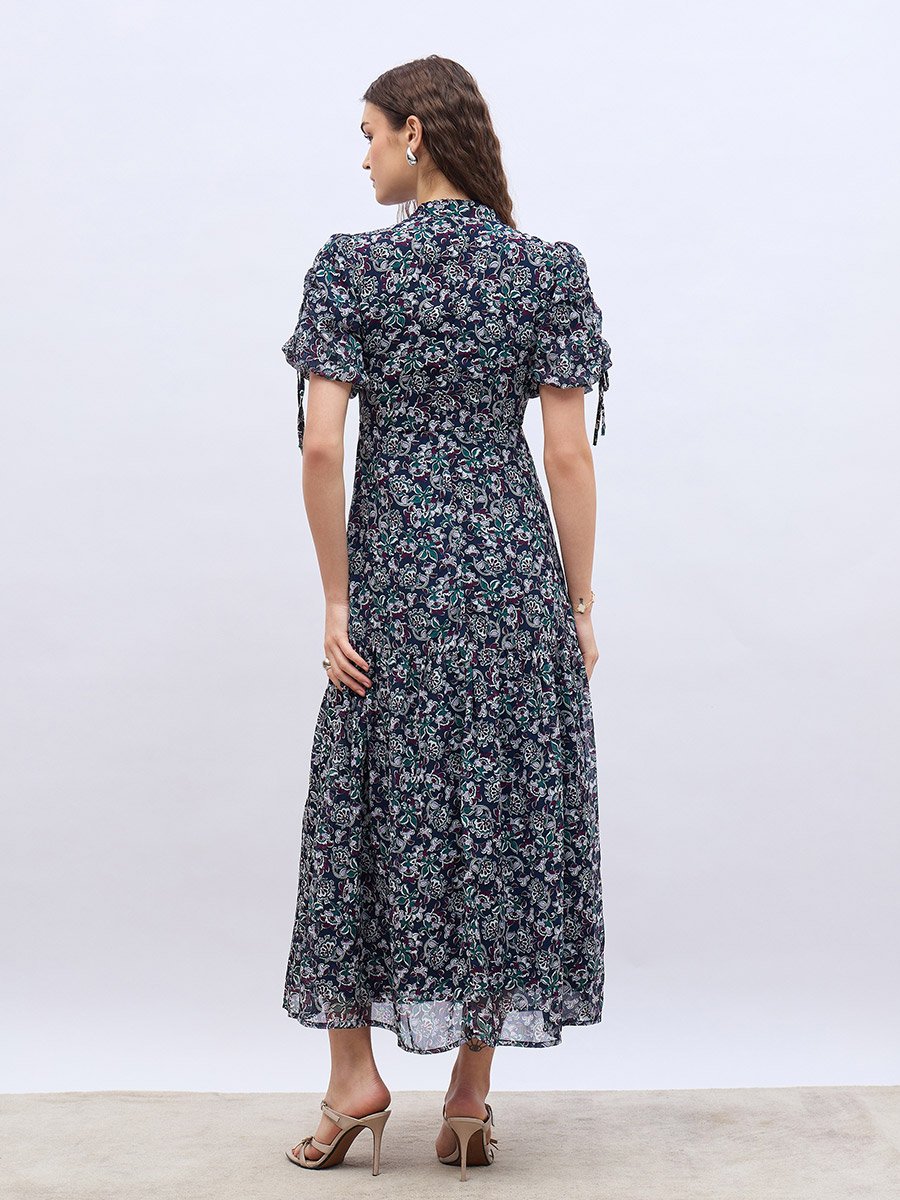 All-Over Floral Print Balloon Sleeves A-Line Maxi Dress with Ruched Detail