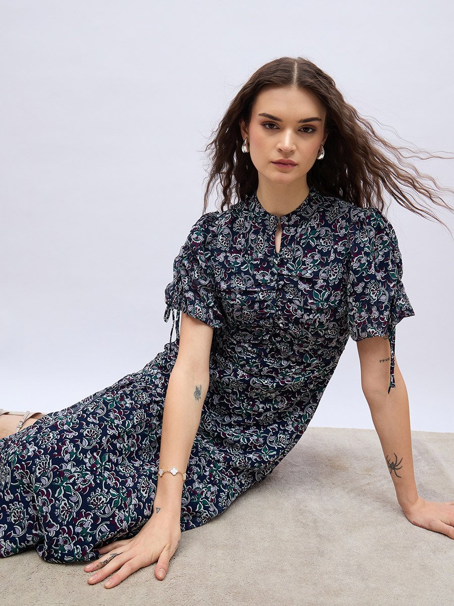 All-Over Floral Print Balloon Sleeves A-Line Maxi Dress with Ruched Detail