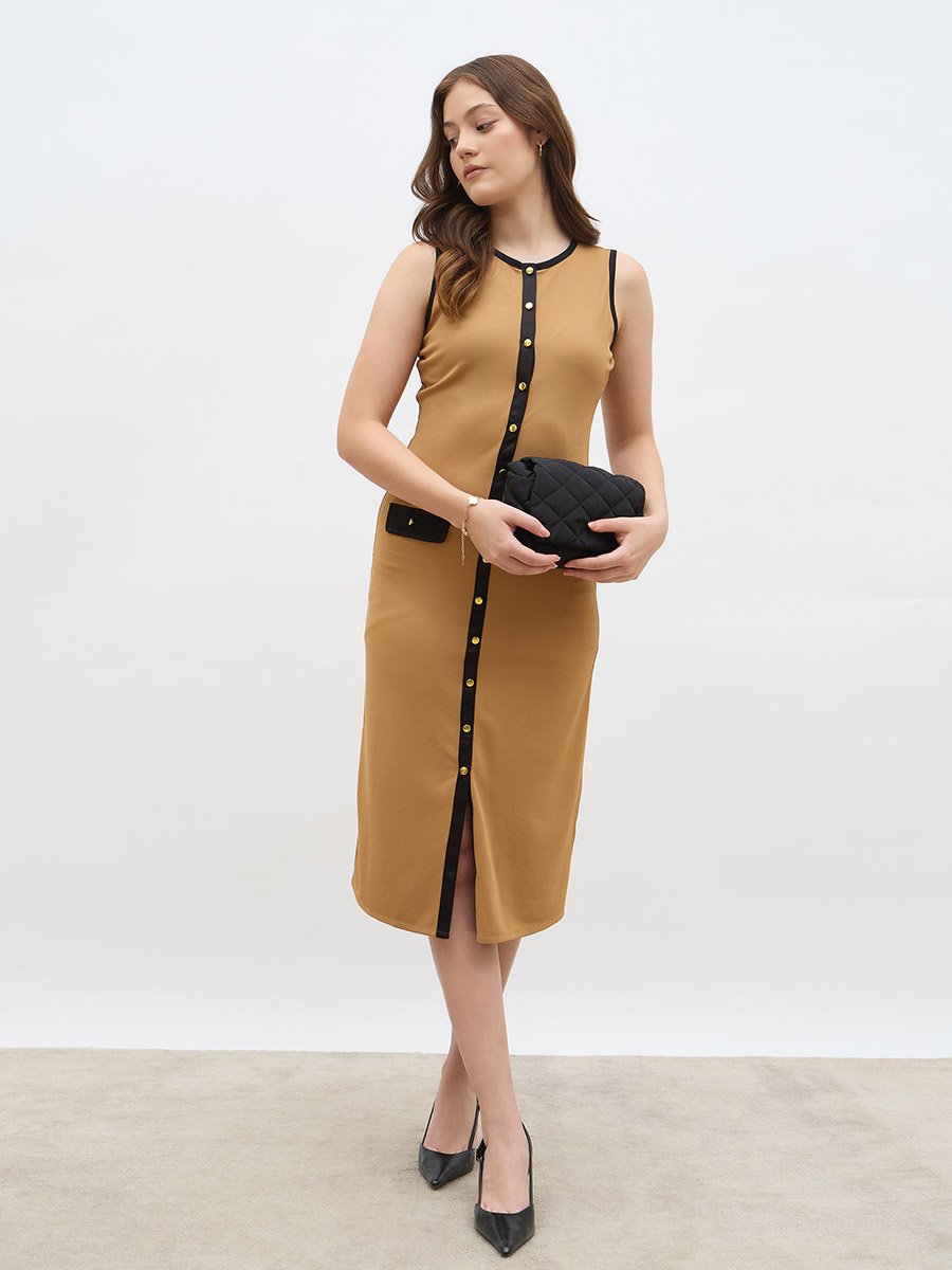Women Beige Contrast Trim Sleeveless Sheath Midi Dress with Button Front