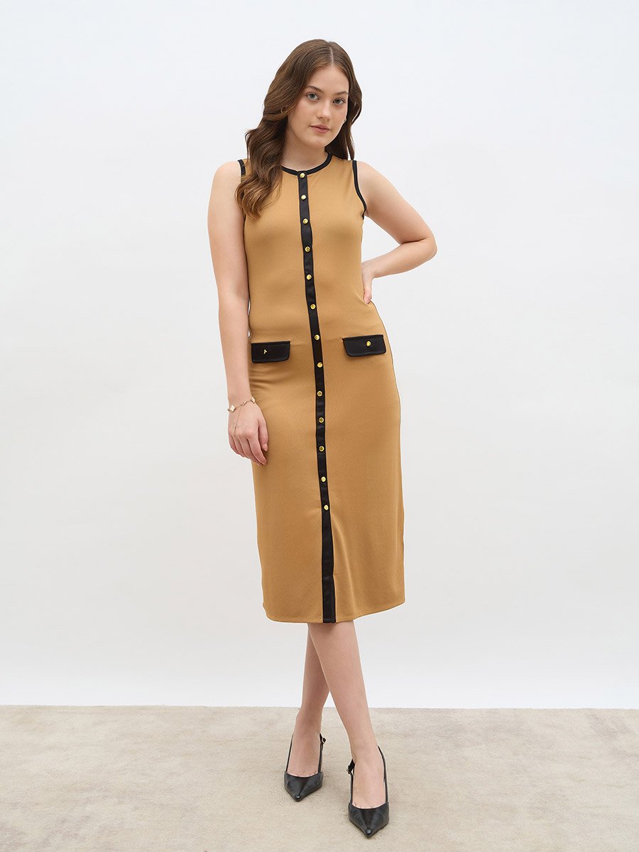 Women Beige Contrast Trim Sleeveless Sheath Midi Dress with Button Front