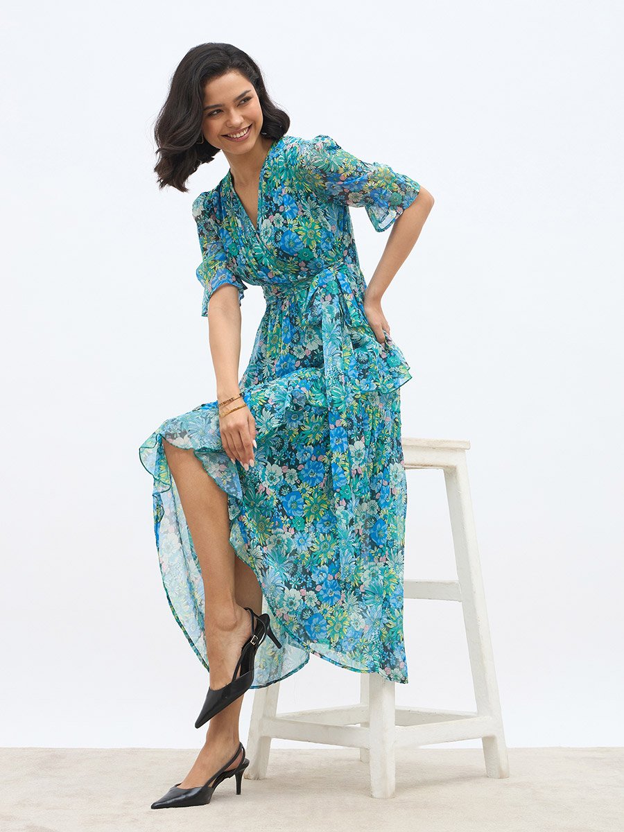 All-Over Floral Print Ruffle Trim Chiffon A-Line Maxi Dress
