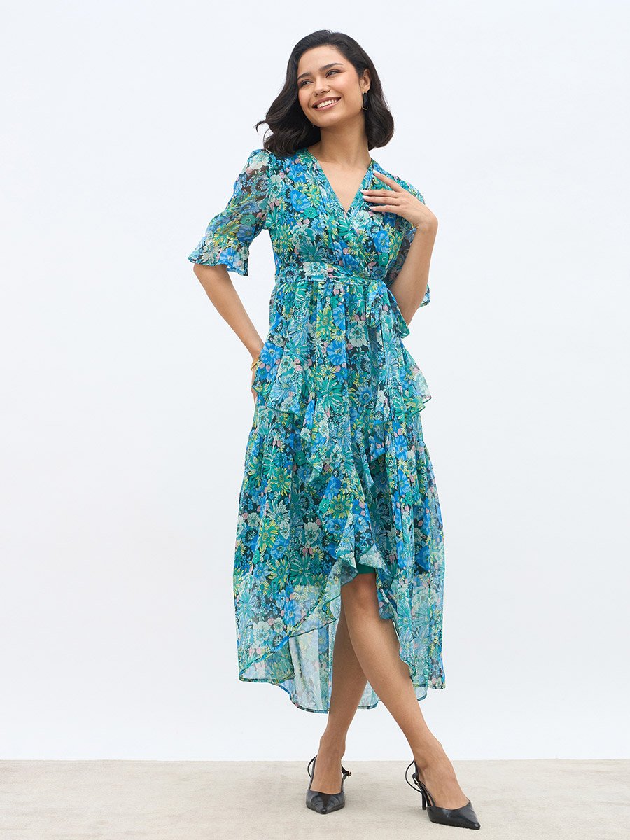 All-Over Floral Print Ruffle Trim Chiffon A-Line Maxi Dress