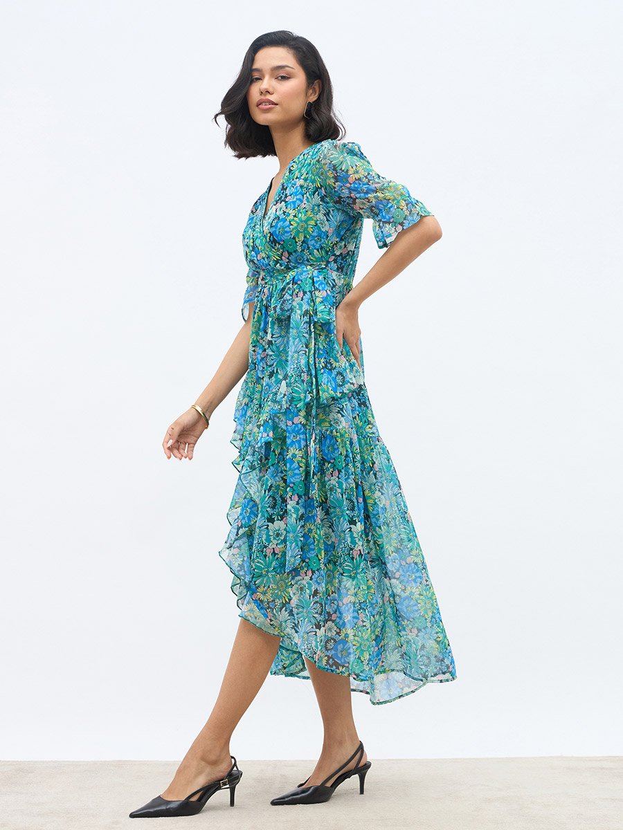 All-Over Floral Print Ruffle Trim Chiffon A-Line Maxi Dress