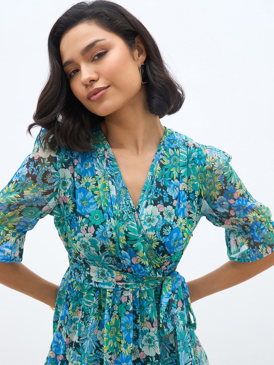 All-Over Floral Print Ruffle Trim Chiffon A-Line Maxi Dress