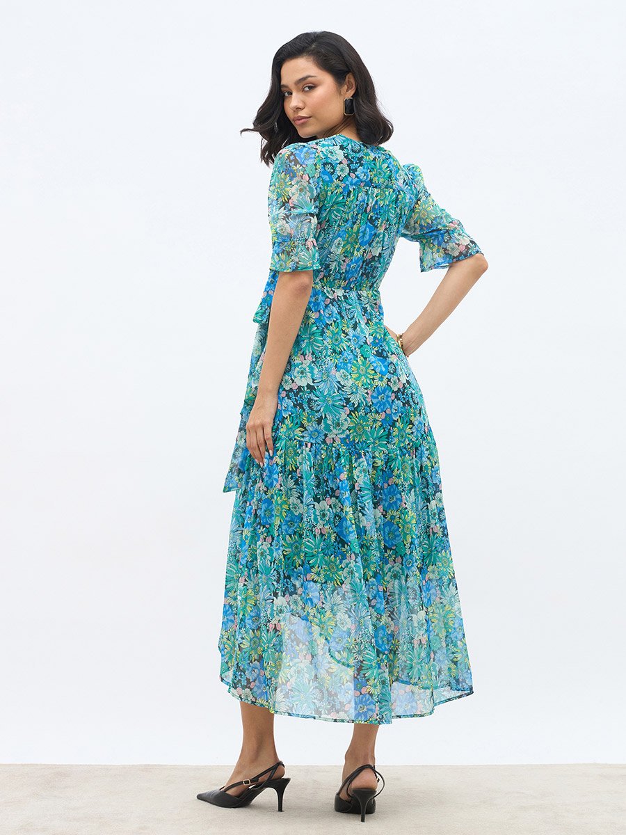 All-Over Floral Print Ruffle Trim Chiffon A-Line Maxi Dress