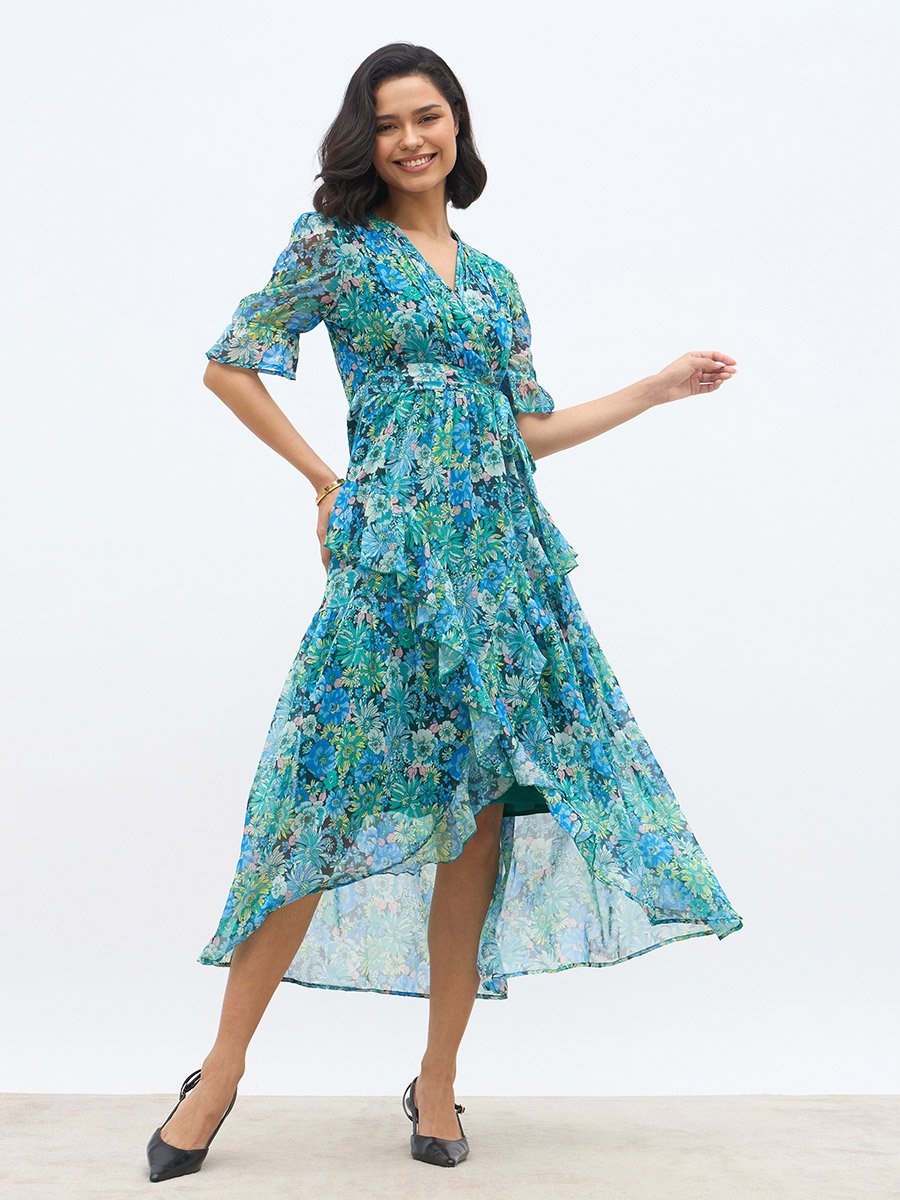 All-Over Floral Print Ruffle Trim Chiffon A-Line Maxi Dress