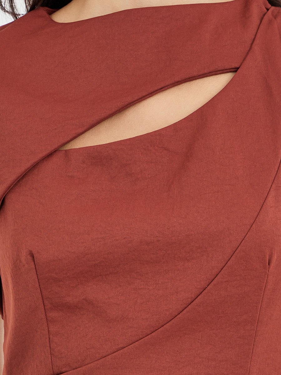 Solid Asymmetric Neckline A-Line Midi Dress
