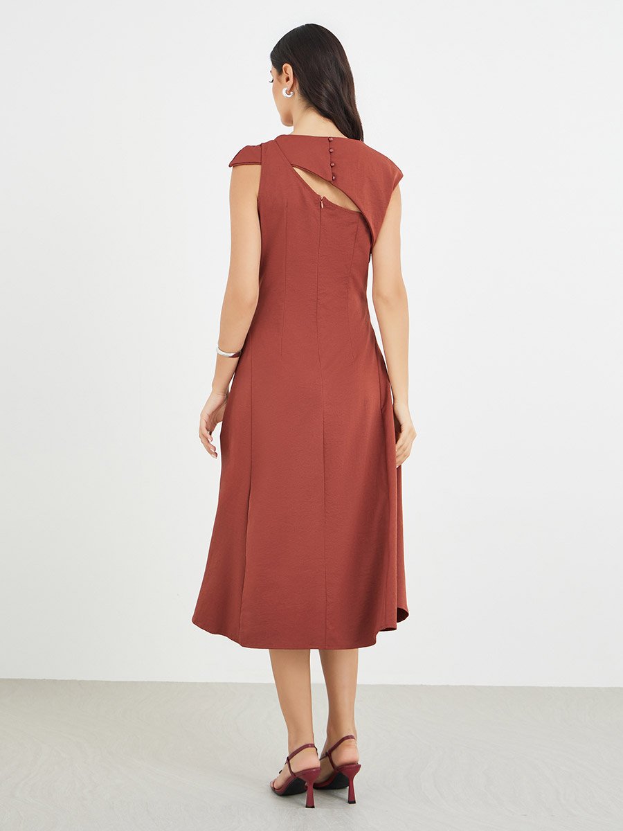 Solid Asymmetric Neckline A-Line Midi Dress