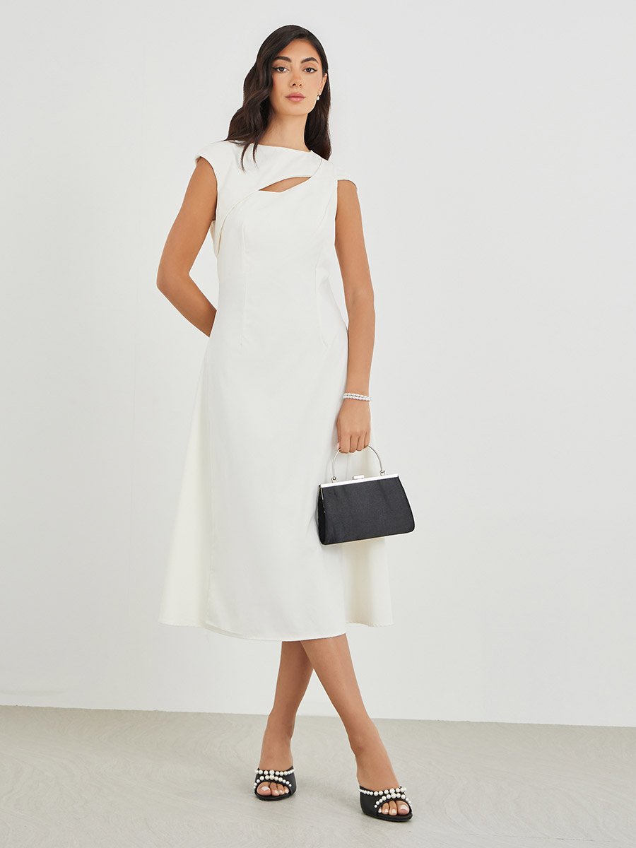 Solid Asymmetric Neckline A-Line Midi Dress