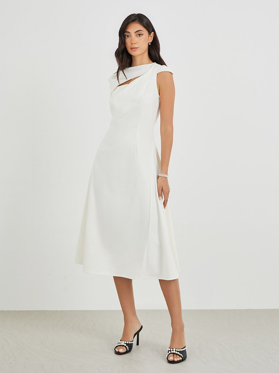 Solid Asymmetric Neckline A-Line Midi Dress