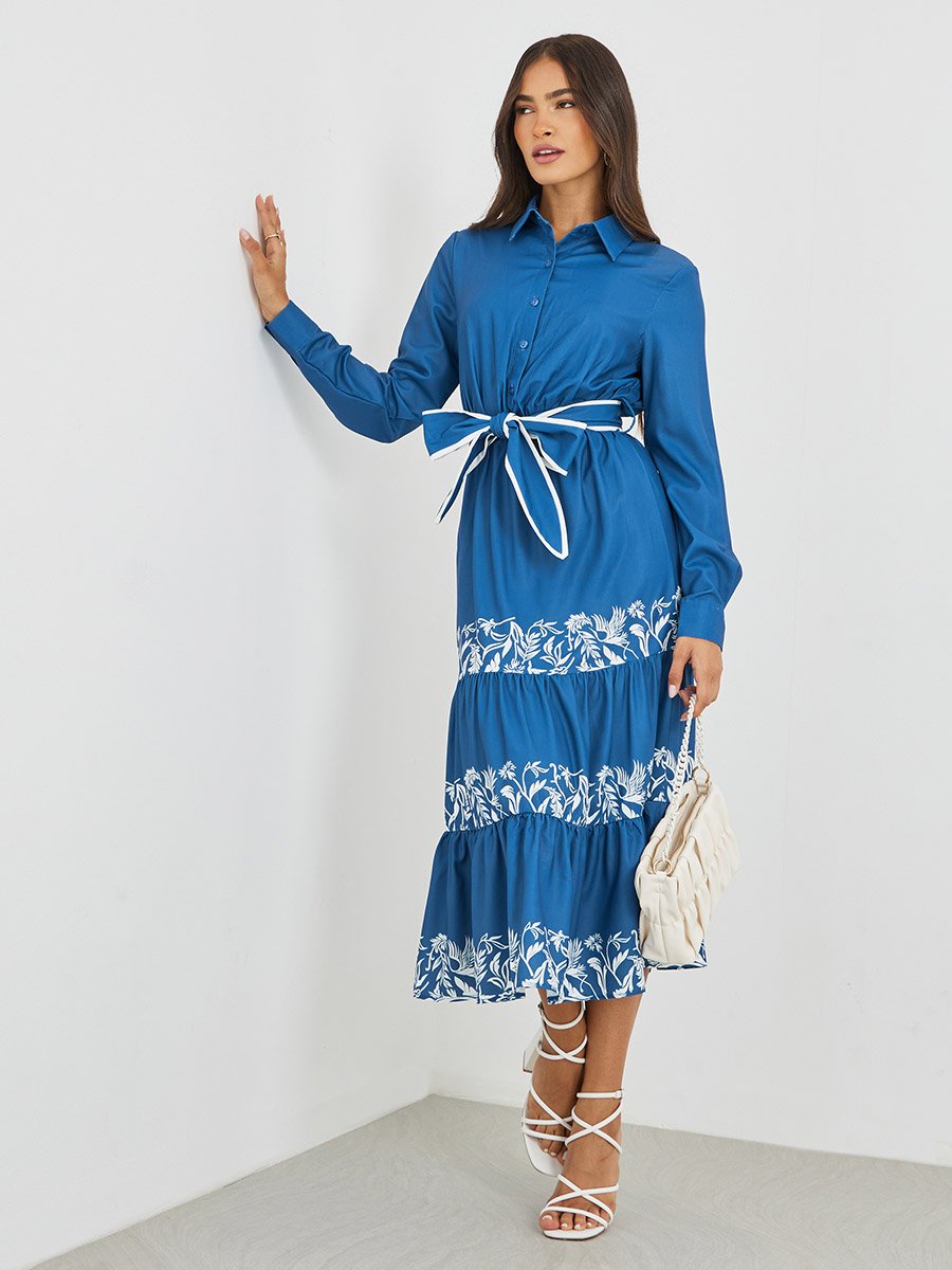 Printed Long Sleeves Tiered Midi Dress with Belt
