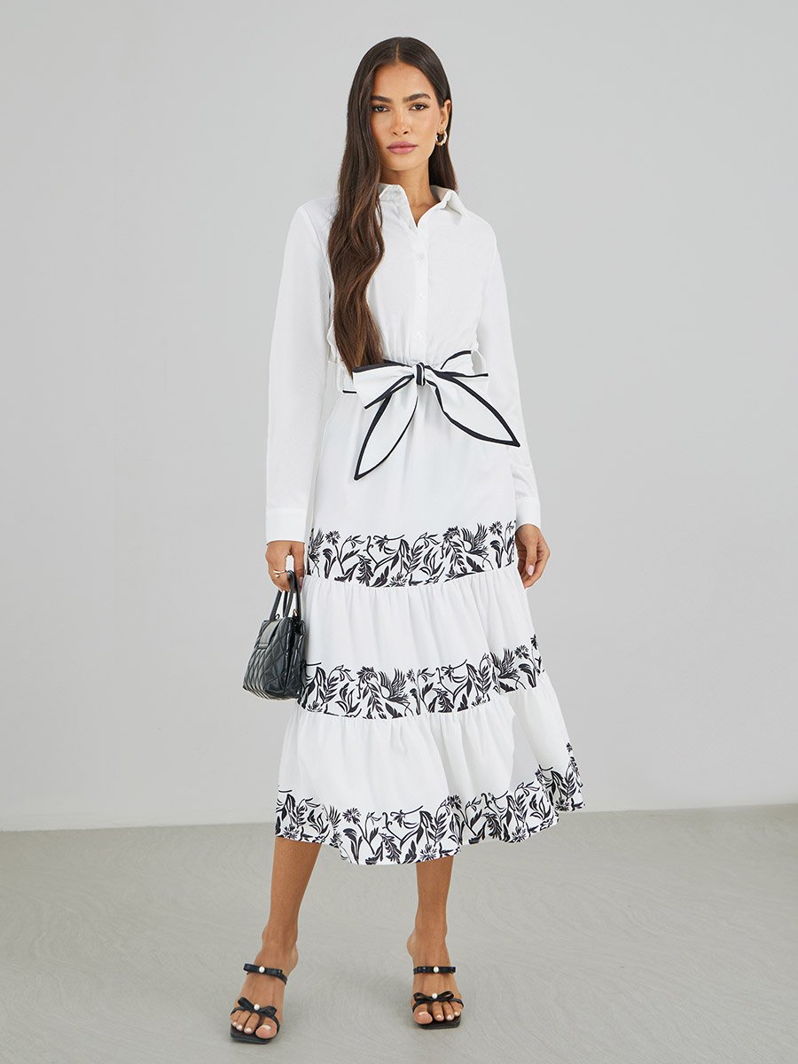 Printed Long Sleeves Tiered Midi Dress with Belt