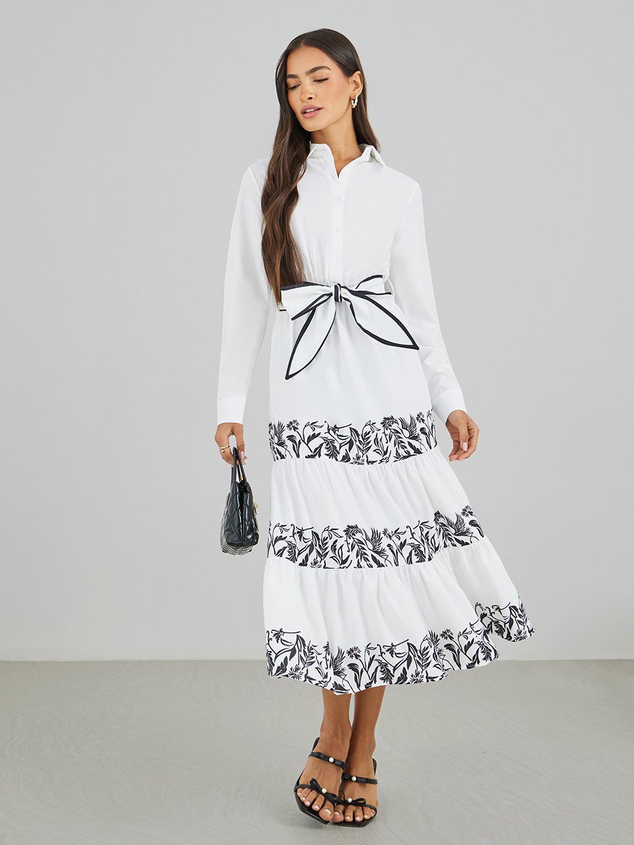 Printed Long Sleeves Tiered Midi Dress with Belt