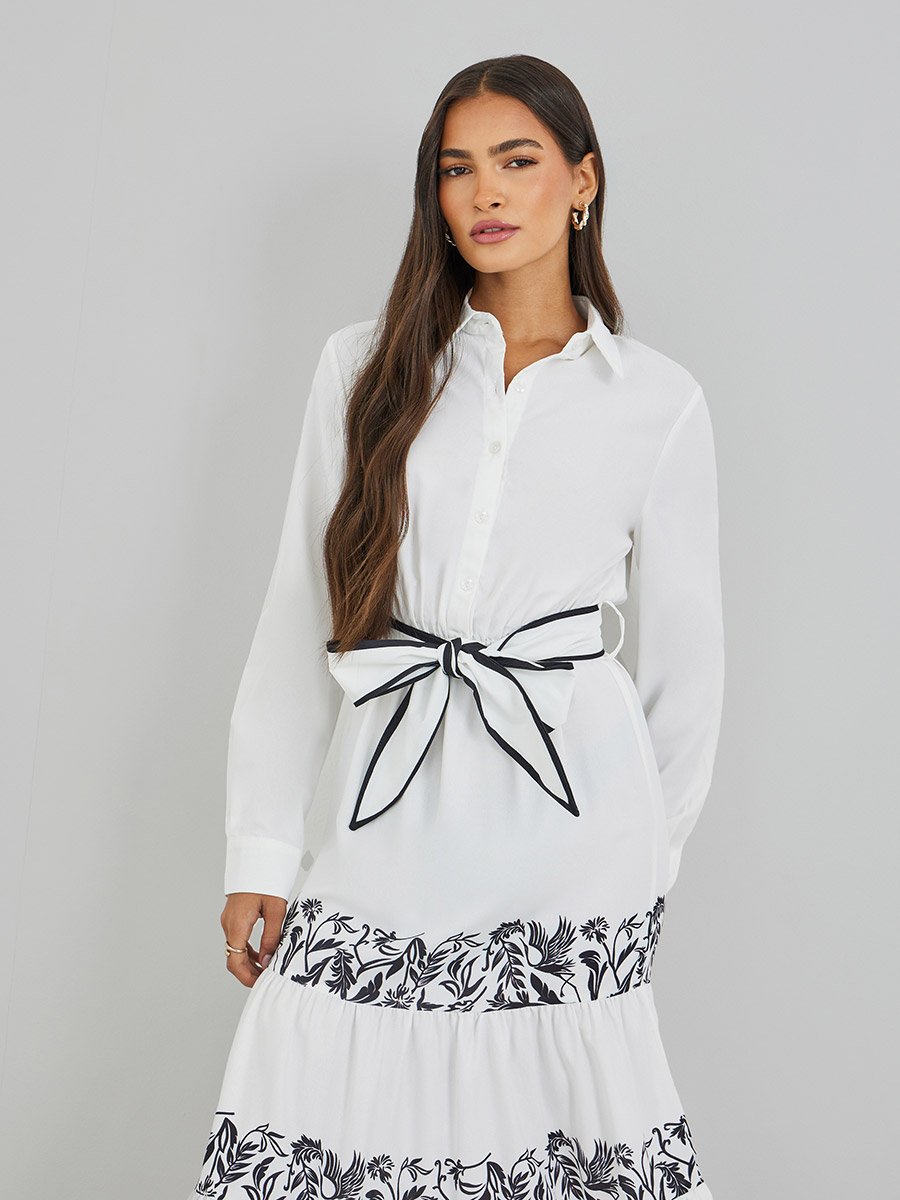 Printed Long Sleeves Tiered Midi Dress with Belt