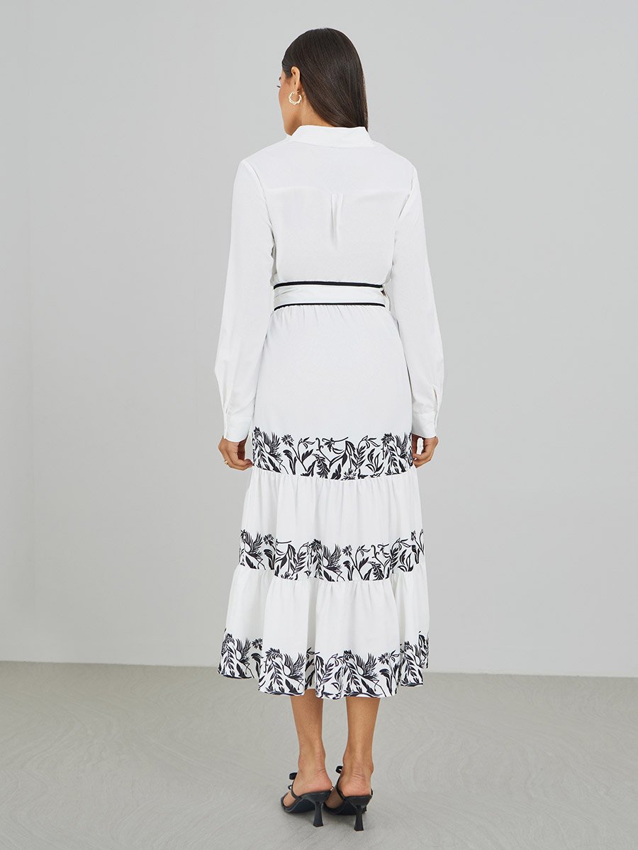 Printed Long Sleeves Tiered Midi Dress with Belt