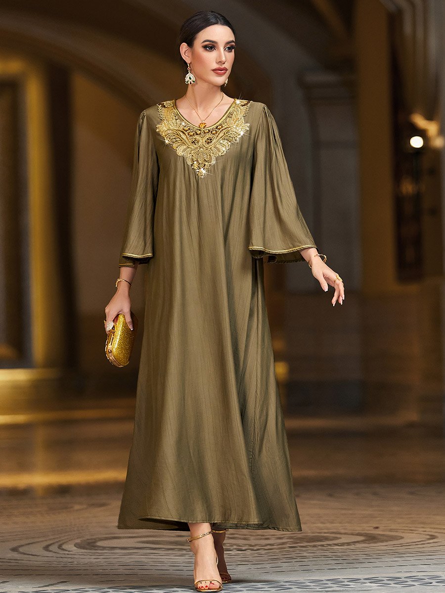 Floral Embellished V-Neck A-Line Maxi Jalabiya