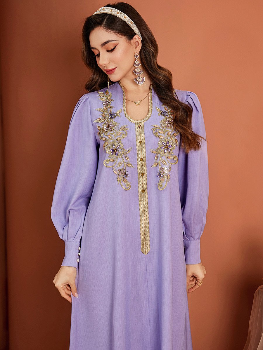 Flora Embroidered Lantern Sleeve Maxi Jalabiya Dress For Women at Saudi |  Styli