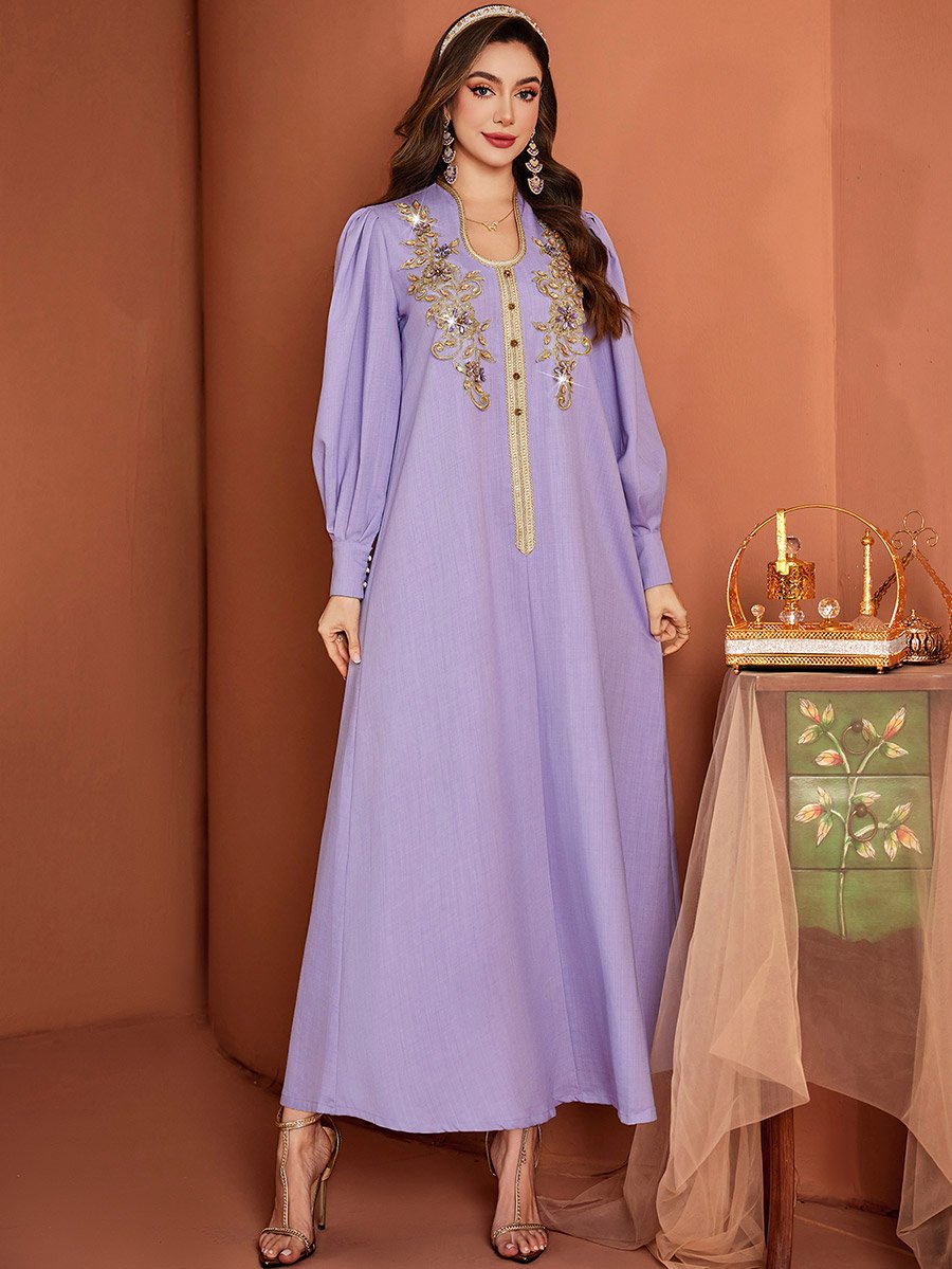 Flora Embroidered Lantern Sleeve Maxi Jalabiya Dress For Women at Saudi | Styli Flora Embroidered Lantern Sleeve Maxi Jalabiya Dress For Women at Saudi | Styli