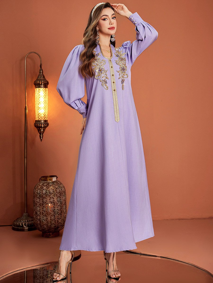 cold shoulder embroidered dress Plunging V Neckline Dress with Lantern Sleeves, – Gattinolli by Marwan main image 0
