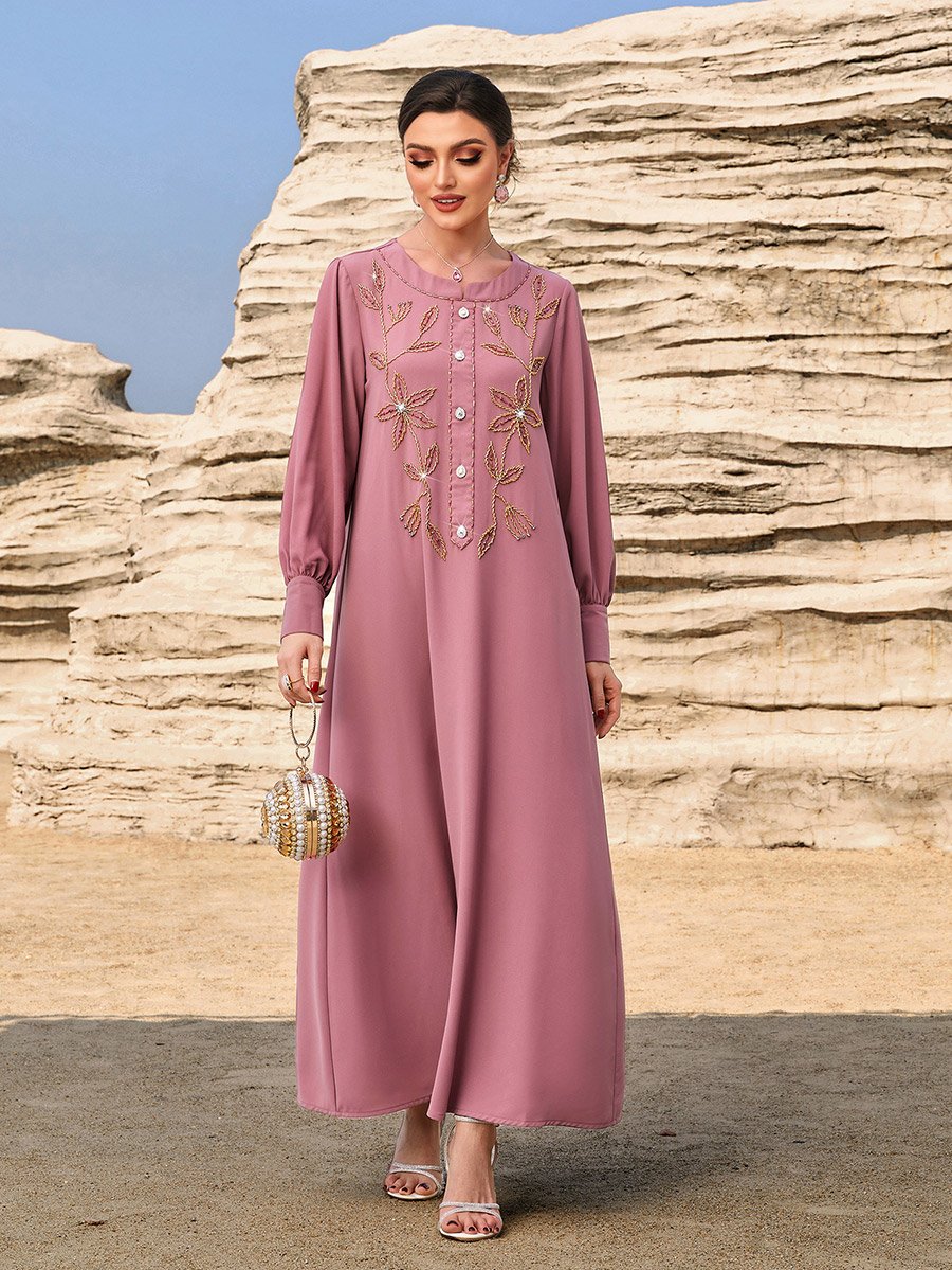 Floral Embroidered Round Neck Button Front Jalabiya