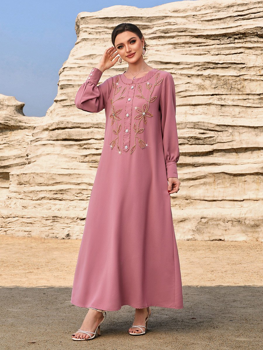 Floral Embroidered Round Neck Button Front Jalabiya