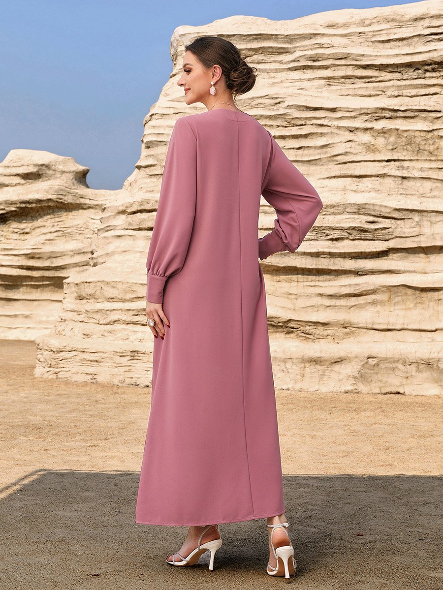 Floral Embroidered Round Neck Button Front Jalabiya
