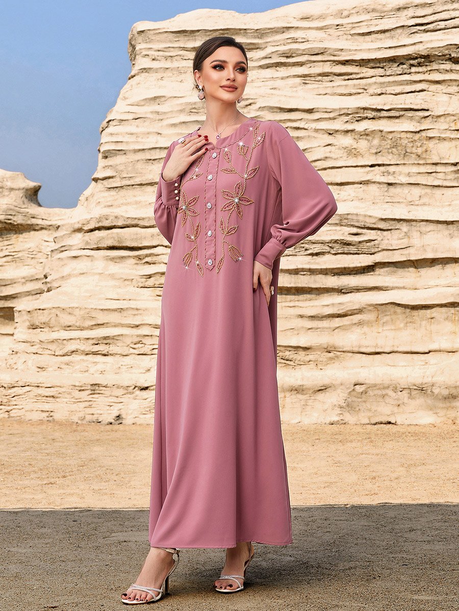Floral Embroidered Round Neck Button Front Jalabiya