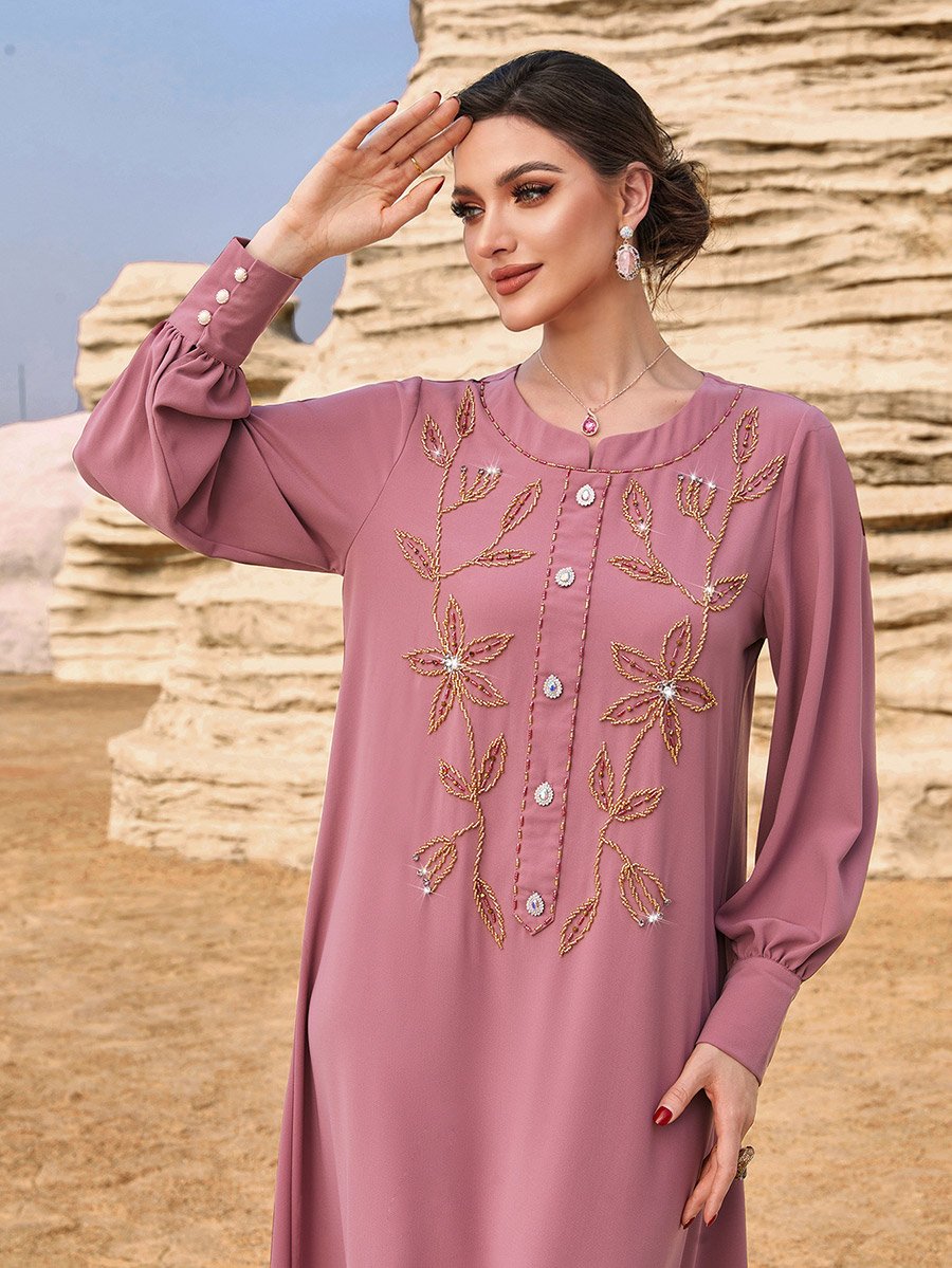 Floral Embroidered Round Neck Button Front Jalabiya