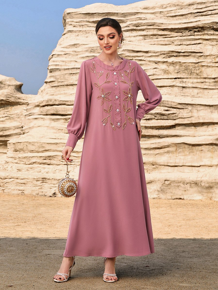 Floral Embroidered Round Neck Button Front Jalabiya